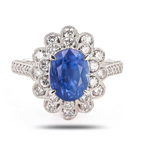 4.10 ctw UNHEATED Blue BURMESE Sapphire and 1.18 ctw Diamond Platinum Ring (GIA