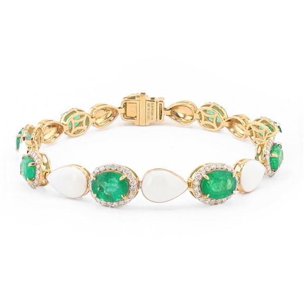 9.18 ctw Emerald and 1.33 ctw Diamond 14K Yellow Gold Bracelet with White Enamel
