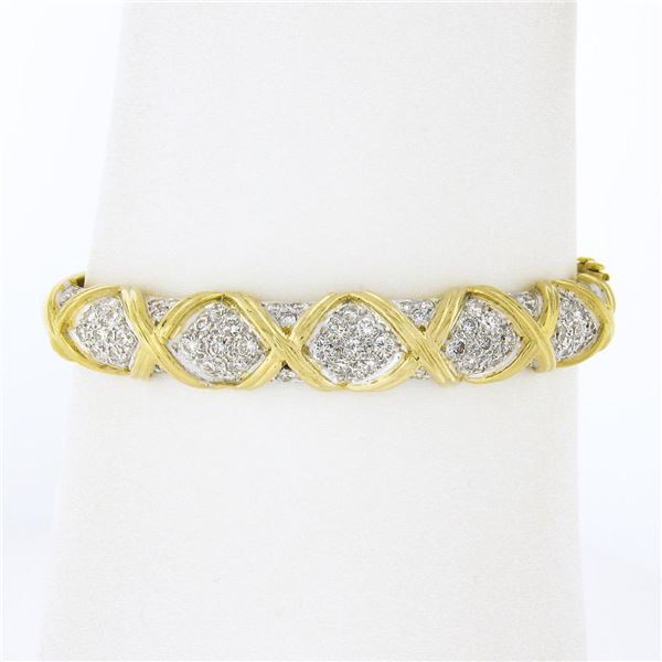 Estate 14k Yellow Gold 2.65 ctw Round Pave Diamond Figure X Hinged Bangle Bracel