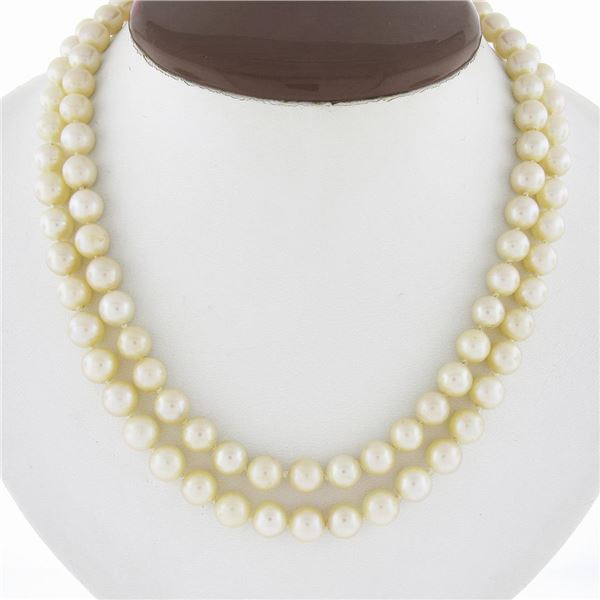 Vintage 14K Gold Garnet & Seed Beaded Clasp Dual Strand 7.4-7.8mm Pearl Necklace