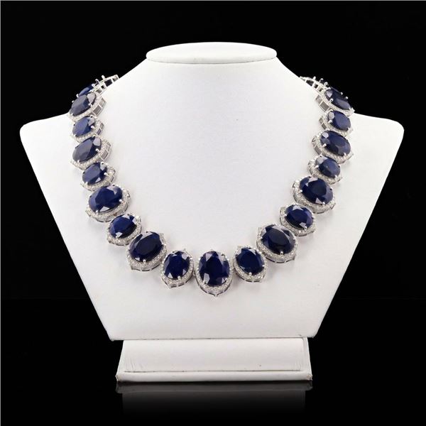 295.20 ctw Blue Sapphire and 15.10 ctw Diamond 14K White Gold Necklace