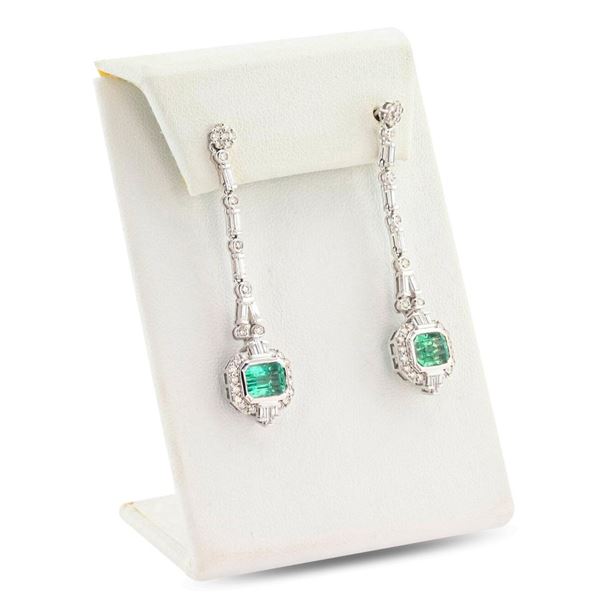 3.34 ctw Emerald and 1.64 ctw Diamond 18K White Gold Dangle Earrings