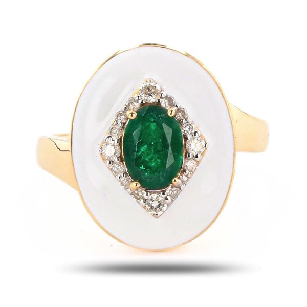 0.75 ctw Emerald and 0.20 ctw Diamond 14K Yellow Gold Ring with White Enamel