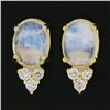Image 2 : 14K Yellow Gold Oval Cabochon Blue Moonstone Diamond Cluster Drop Stud Earrings
