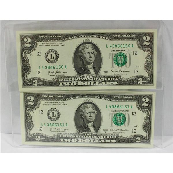 4X $2 US NOTES MINT SERIAL #4 IN SEQUENCE