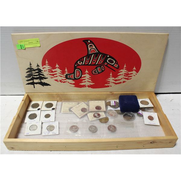 ASSORTED COINS IN CUSTOM WOOD BOX