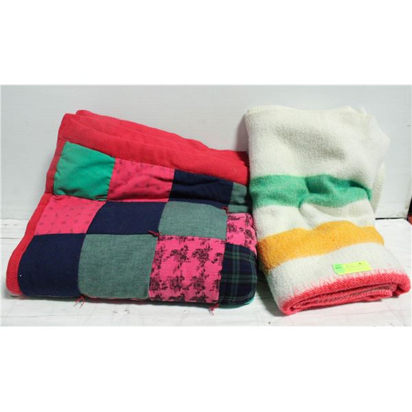 DOUBLE SIZE PATCHWORK QUILT & VINTAGE BLANKET