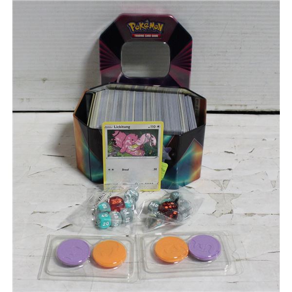 TIN MISC. POKEMON CARDS/DICE/COIN