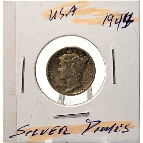 13) USA 1944D MERCURY DIME, 90% SILVER.