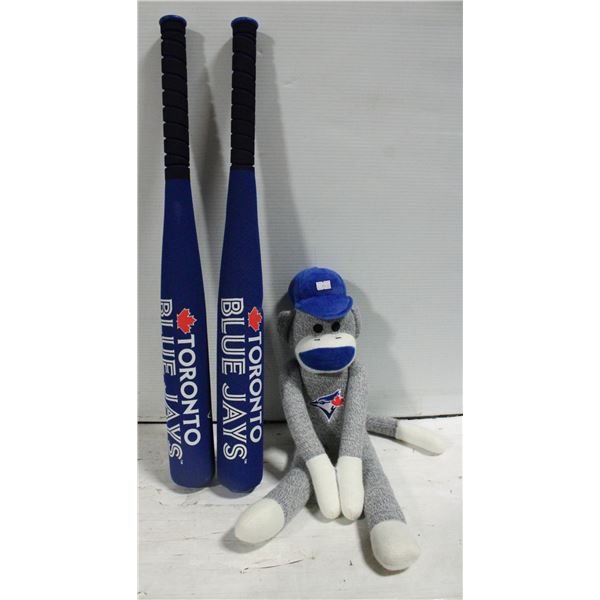 TWO TORONTO BLUE JAYS FOAM BATS & SOCK MONKEY