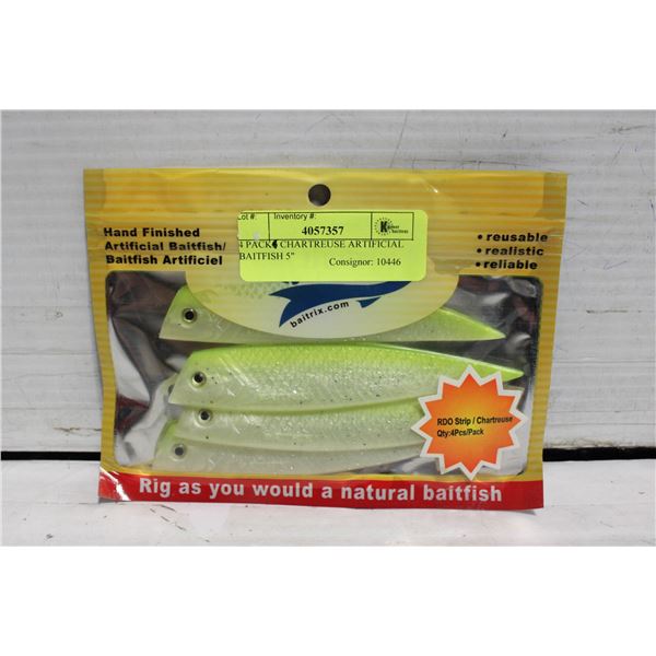 4 PACK CHARTREUSE ARTIFICIAL BAITFISH 5"