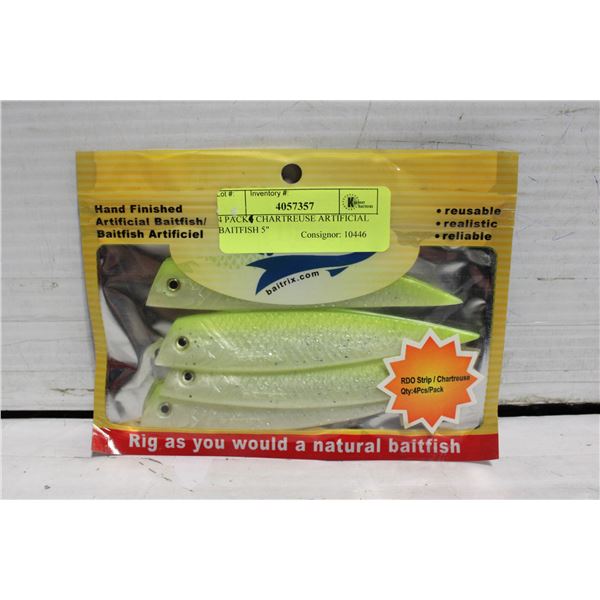 4 PACK CHARTREUSE ARTIFICIAL BAITFISH 5"