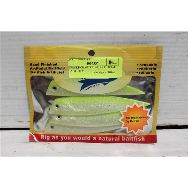 4 PACK CHARTREUSE ARTIFICIAL BAITFISH 5"