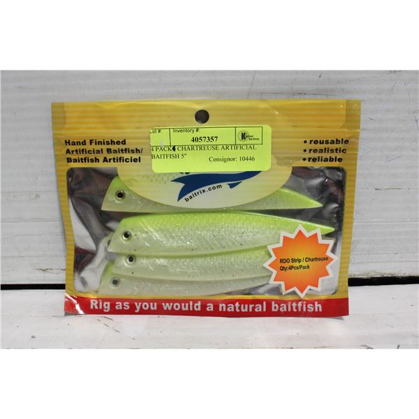 4 PACK CHARTREUSE ARTIFICIAL BAITFISH 5"