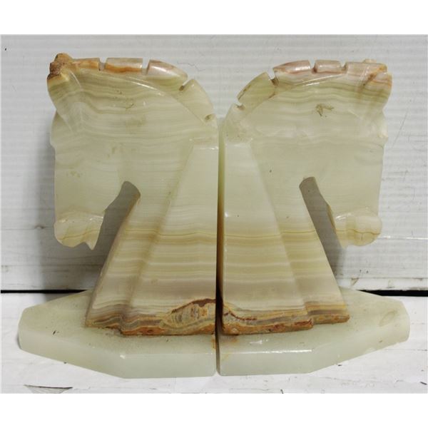 PAIR GREEN CARVED STONE HORSE BOOKENDS