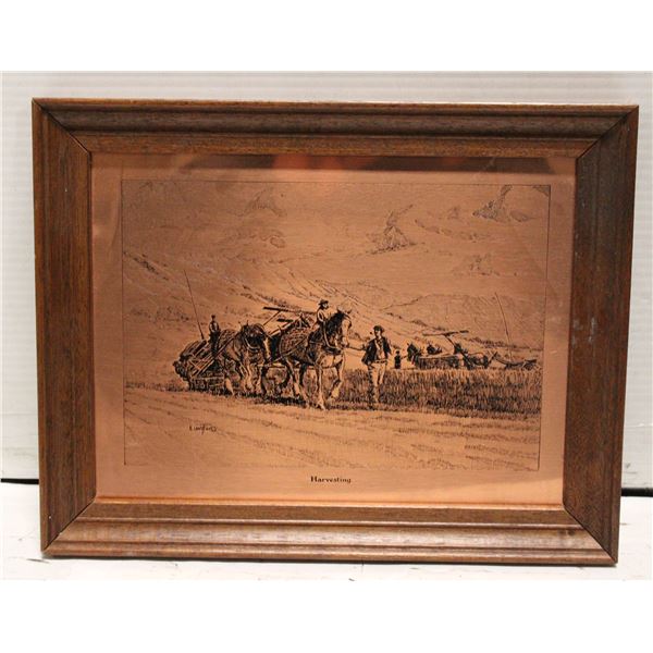 COPPER ETCHED PIC. SIGNED A. LANGFORD "HARVESTING