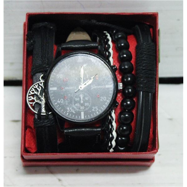 MENS GENEVA QUARTZ WATCH WITH JEWELRIES BLACK NEW