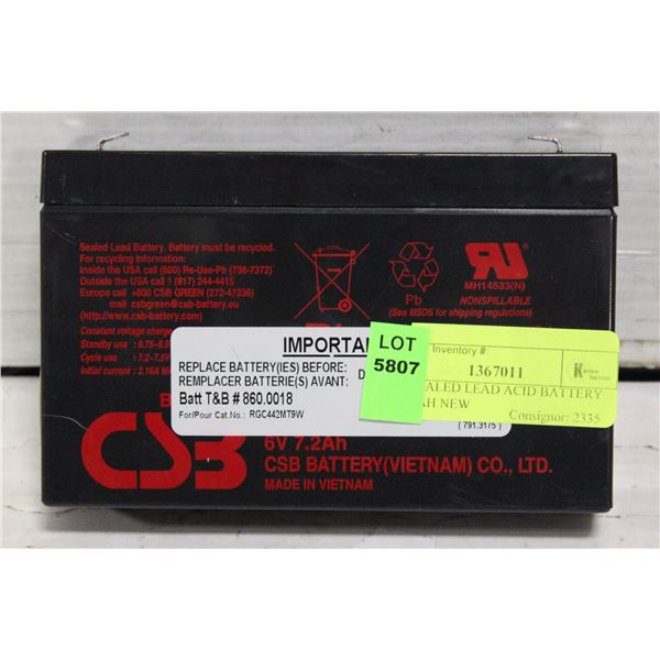 CSB SEALED LEAD ACID BATTERY 6V 7.2AH NEW