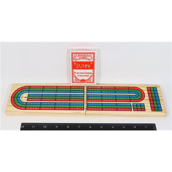 FOLDING WOODEN CRIBBAGE BOARD, NEW CARDS