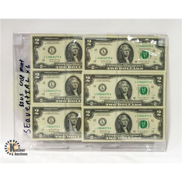 6X $2 US NOTES SEQUENTIAL