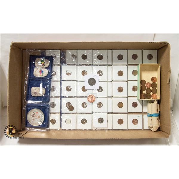 BOX OF PENNIES AND 4 RABBIT COINS