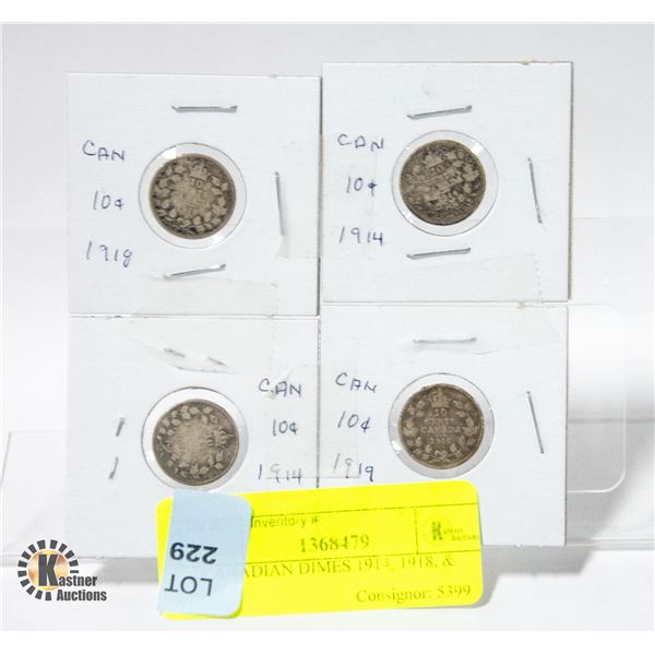 4 CANADIAN DIMES 1914, 1918, & 1919