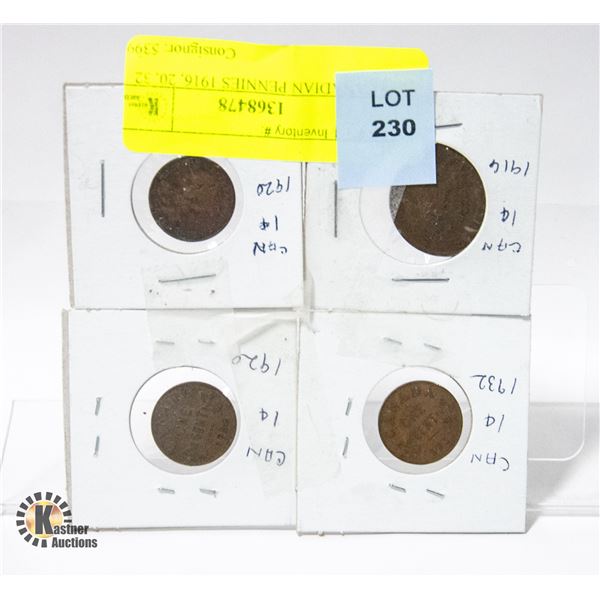 4 CANADIAN PENNIES 1916, 20, 32