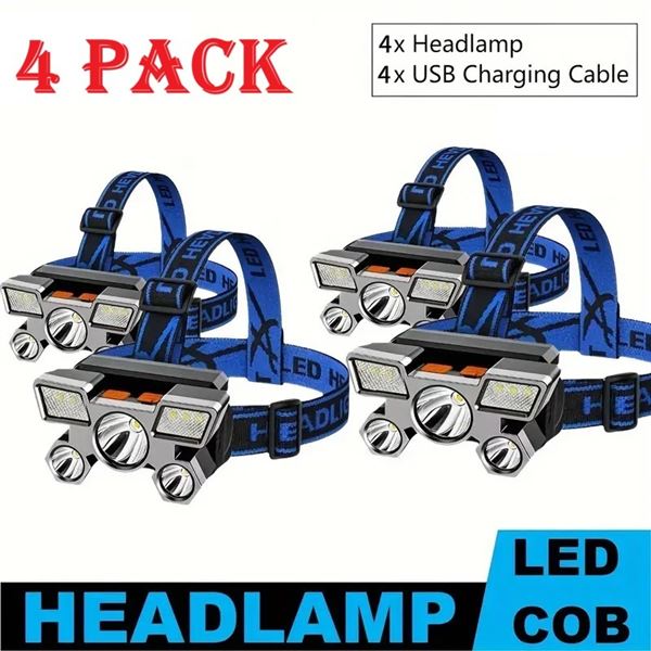 4 PACKS-RECHARGEABLE 5 LED HEADLAMP: 4 MODES,
