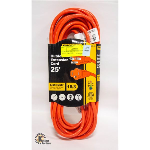 NEW POWER EXTENSION CORD O/D 16/3 25' ORANGE