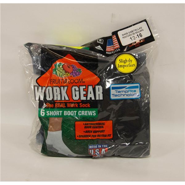 SHORT BLACK BOOT CREW SOCKS 12-16 SIZE 6-PACK