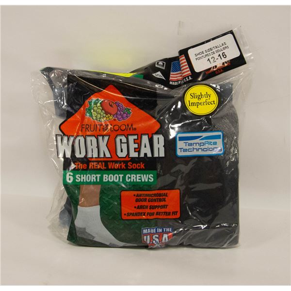 SHORT BLACK BOOT CREW SOCKS 12-16 SIZE 6-PACK