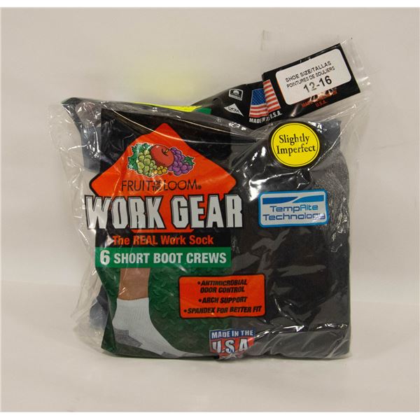 SHORT BLACK BOOT CREW SOCKS 12-16 SIZE 6-PACK