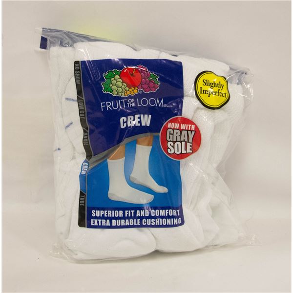 WHITE CREW SOCKS 6-12 SIZE 6-PACK FRUIT OF LOOM