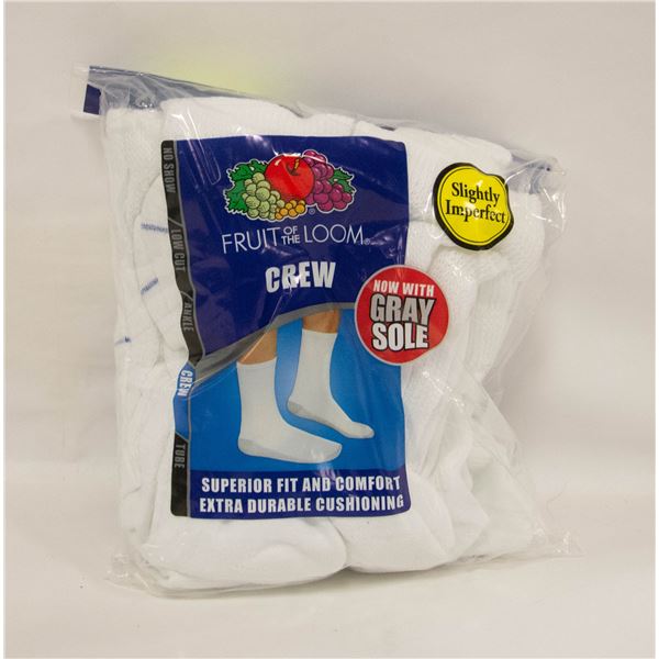 WHITE CREW SOCKS 6-12 SIZE 6-PACK FRUIT OF LOOM