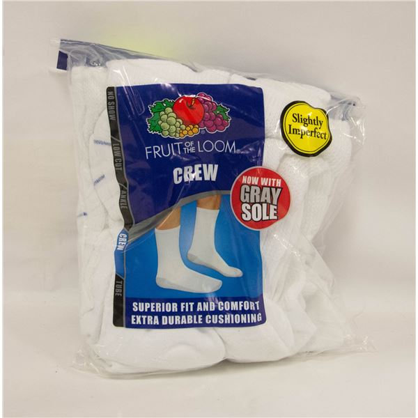 WHITE CREW SOCKS 6-12 SIZE 6-PACK FRUIT OF LOOM