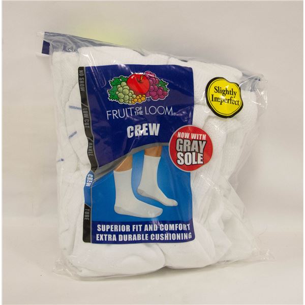 WHITE CREW SOCKS 6-12 SIZE 6-PACK FRUIT OF LOOM
