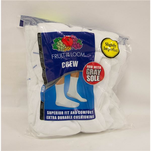 WHITE CREW SOCKS 6-12 SIZE 6-PACK FRUIT OF LOOM