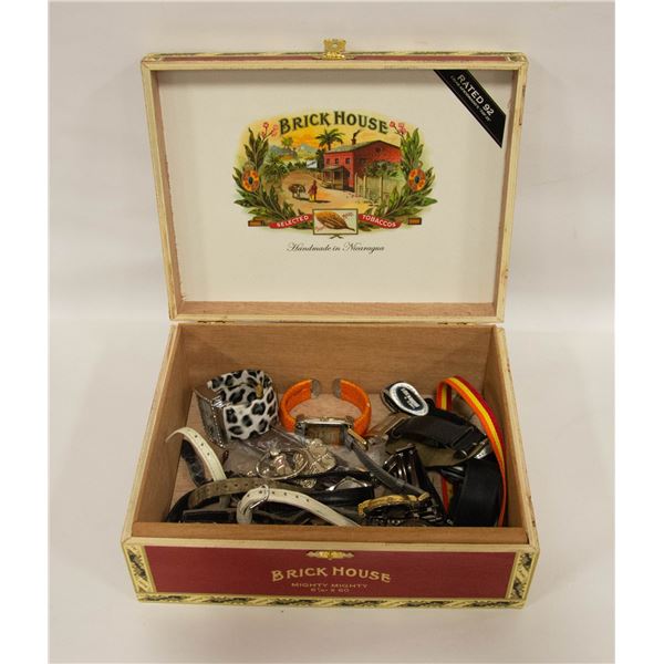 CIGAR BOX FULL OF ESTATE WATCHES & KEY CHAINS