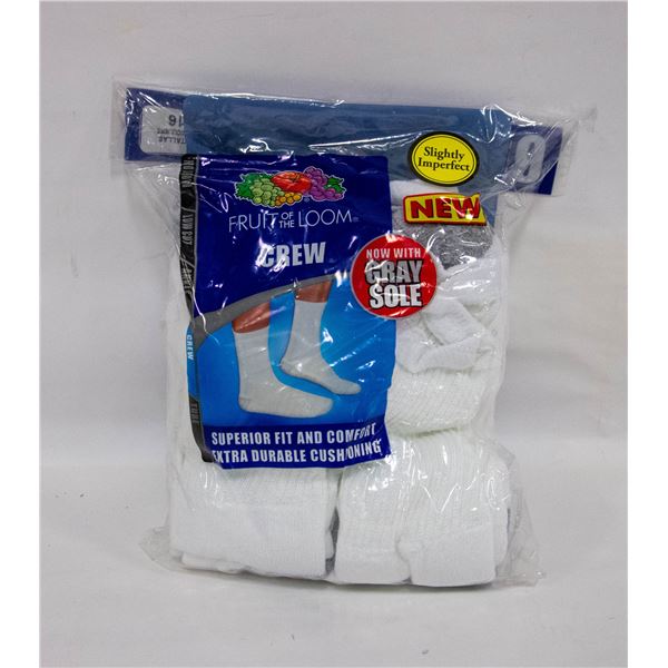WHITE CREW SOCKS 12-16 SIZE 6-PACK FRUIT OF LOOM