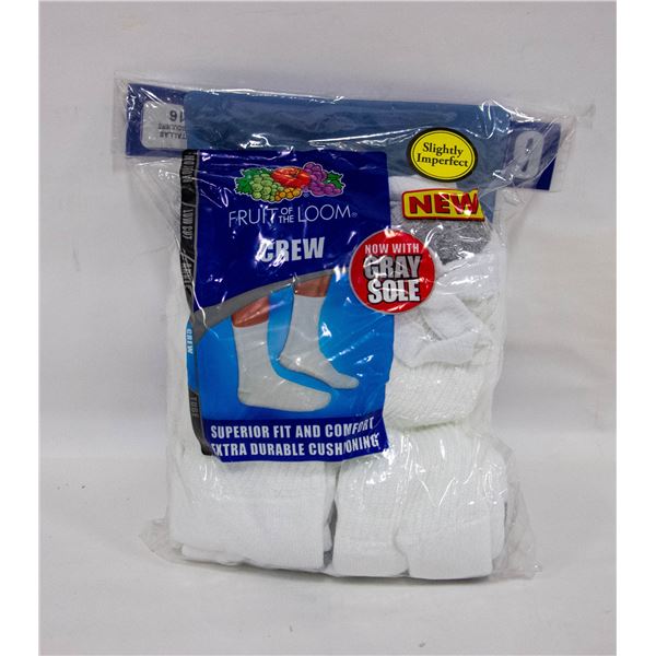 WHITE CREW SOCKS 12-16 SIZE 6-PACK FRUIT OF LOOM