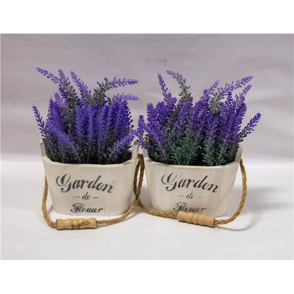 SET OF TWO ARTIFICIAL LAVENDERS IN WOODEN POTS