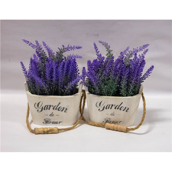 SET OF TWO ARTIFICIAL LAVENDERS IN WOODEN POTS