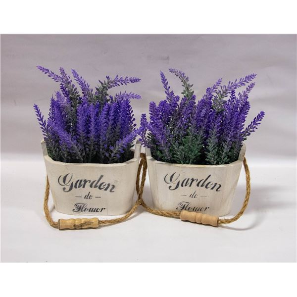 SET OF TWO ARTIFICIAL LAVENDER IN WOODEN POTS