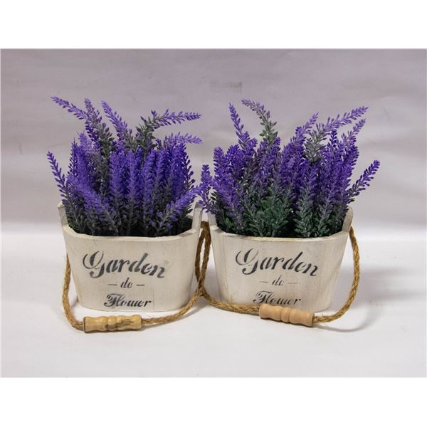 SET OF TWO ARTIFICIAL LAVENDERS IN WOODEN POTS