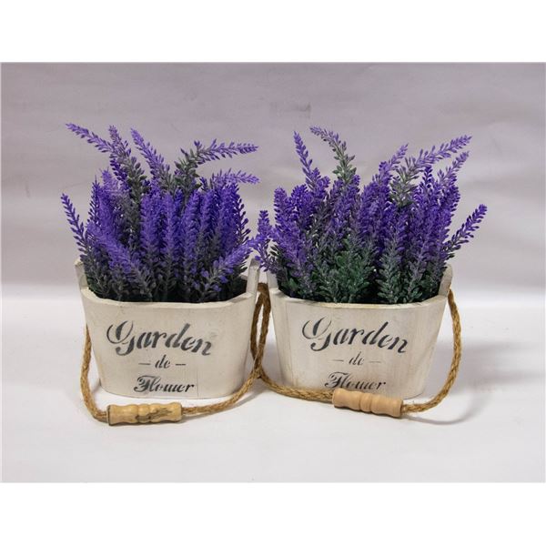 SET OF TWO ARTIFICIAL LAVENDER IN WOODEN POTS