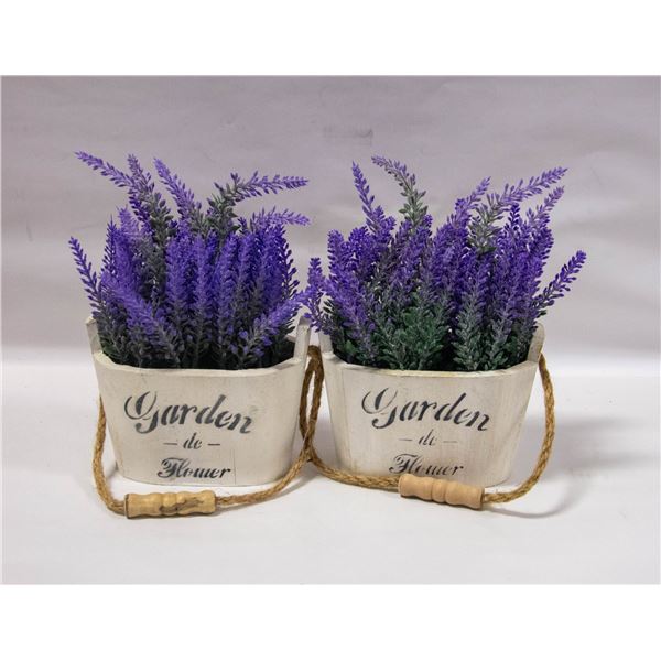 SET OF TWO ARTIFICIAL LAVENDERS IN WOODEN POTS