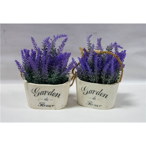 SET OF TWO ARTIFICIAL LAVENDERS IN WOODEN POTS
