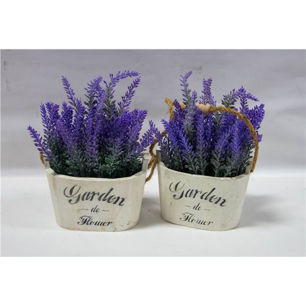 SET OF TWO ARTIFICIAL LAVENDERS IN WOODEN POTS