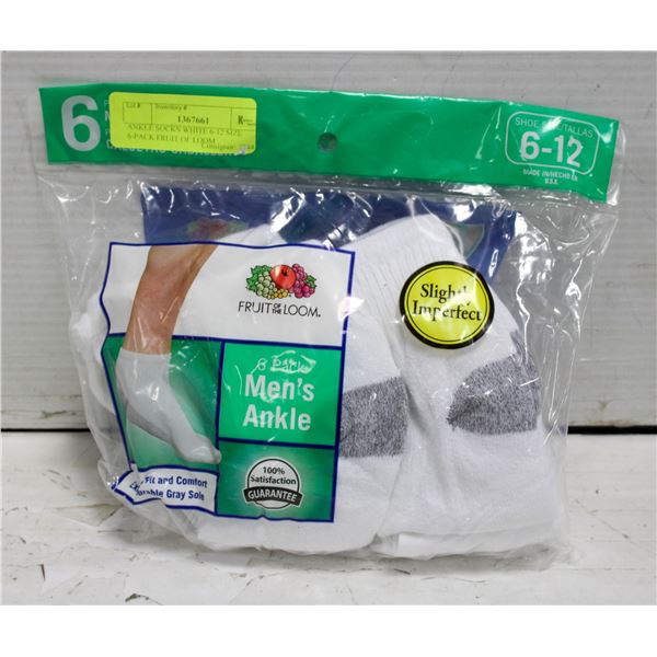 ANKLE SOCKS WHITE 6-12 SIZE 6-PACK FRUIT OF LOOM