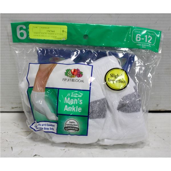 ANKLE SOCKS WHITE 6-12 SIZE 6-PACK FRUIT OF LOOM